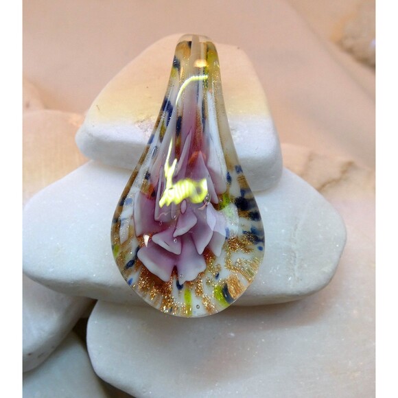 Murano Hand Blown Pink Floral Glass Pendant Copper Yellow Blue - Picture 8 of 9